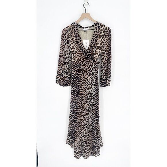 GANNI Mullin Georgette Leopard Print Wrap Maxi Dress Brown Women's 36 US S NEW - Picture 4 of 11